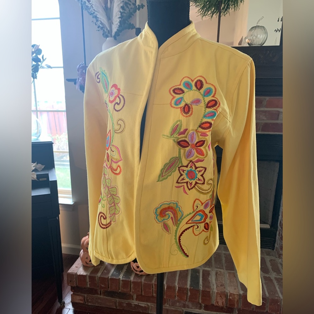 BFA CLASSIC Vintage Bright Yellow Embroidery Jacket Floral Design‎ Size L Petite